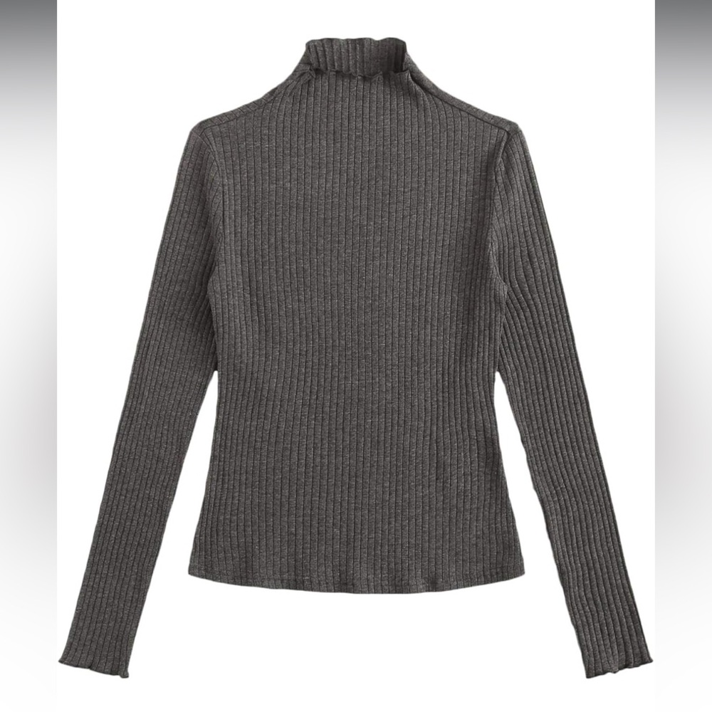 Women's Casual High Neck Long Sleeve Ribbed Tee Slim Fit Stretch Knit T Shirts